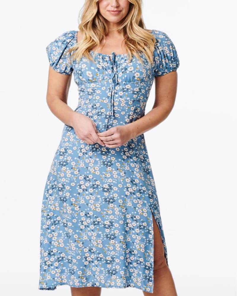 Front of a model wearing a size XL Alba Dress Peasant Style Ditsy Floral Print Blue in Blue by ANNICK. | dia_product_style_image_id:349814